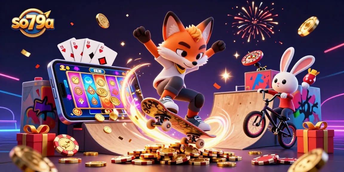 so79a showcases a vibrant 3D illustration of a skateboarder fox and BMX rabbit amidst casino symbols and gaming elements.