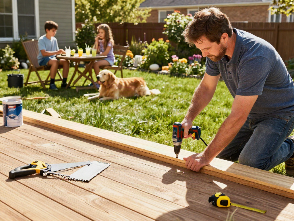 Home repair services Des Moines Iowa in action with a homeowner constructing a deck in a sunny backyard.