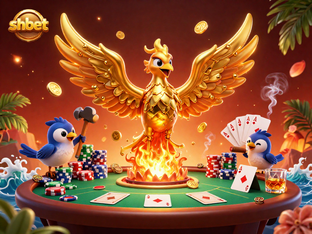 Experience thrilling gameplay at SHBET with a golden phoenix emerging from riches, surrounded by poker fun.