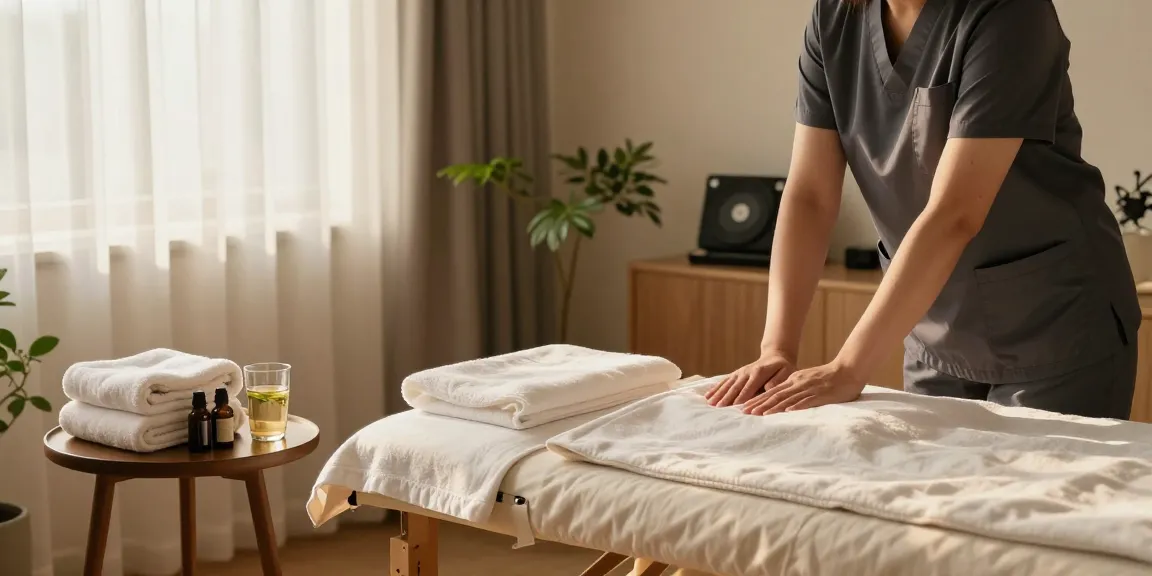 Engaging 남양주출장마사지 scene with a professional preparing a serene living room for a therapeutic session.