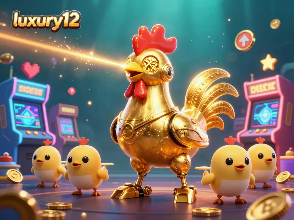 Experience luxury12 with golden rooster robot and vibrant casino themes in this detailed illustration.