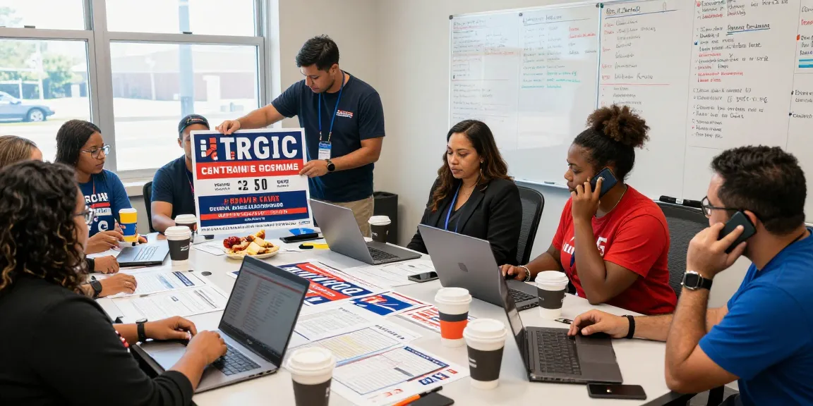 Political direct mail cost per piece analyzed in a vibrant campaign office scene with staff collaborating.