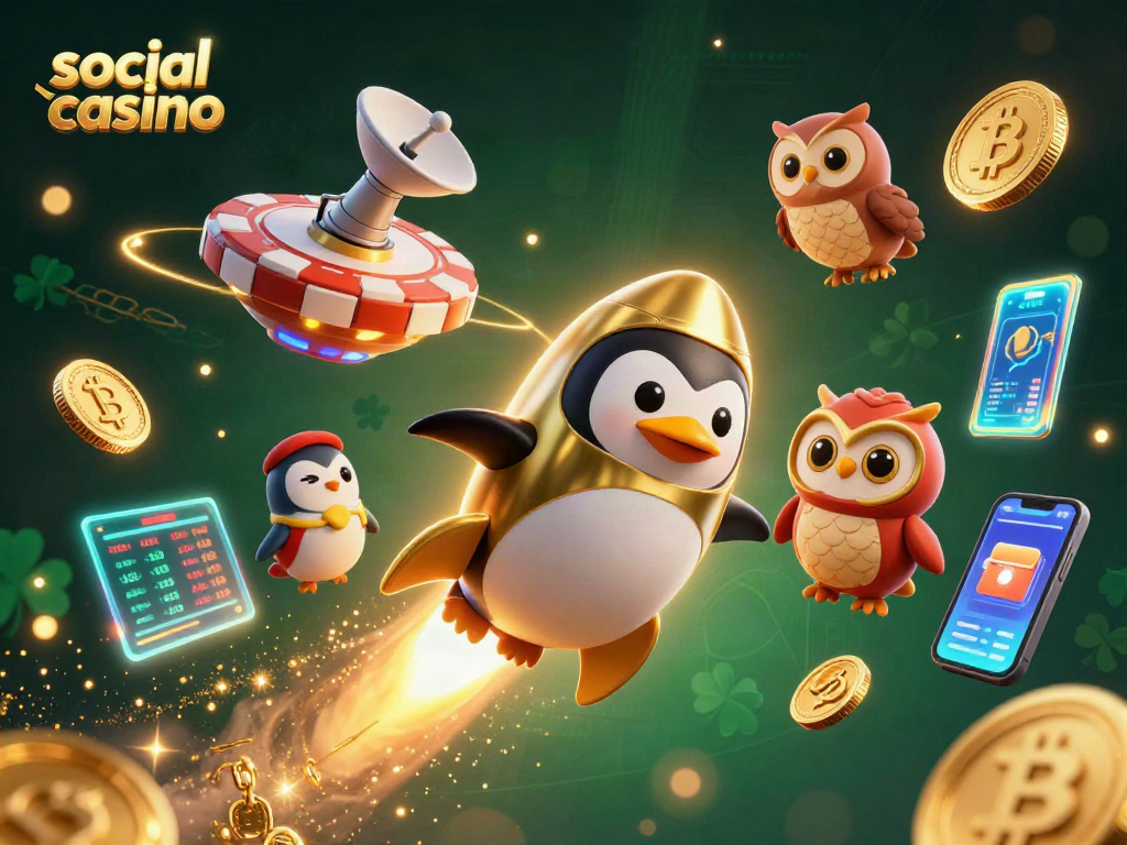 Engaging social casino scene with a golden penguin and cryptocurrency elements in vibrant space.