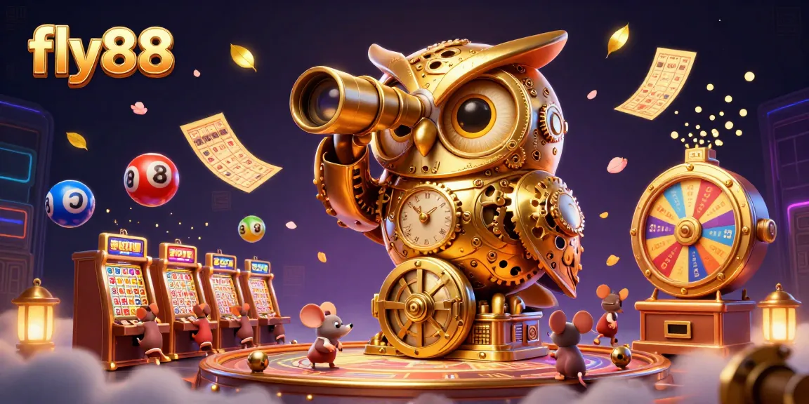 Fly88's vibrant casino scene with a golden owl, bustling wind-up mice, and rolling lottery balls.