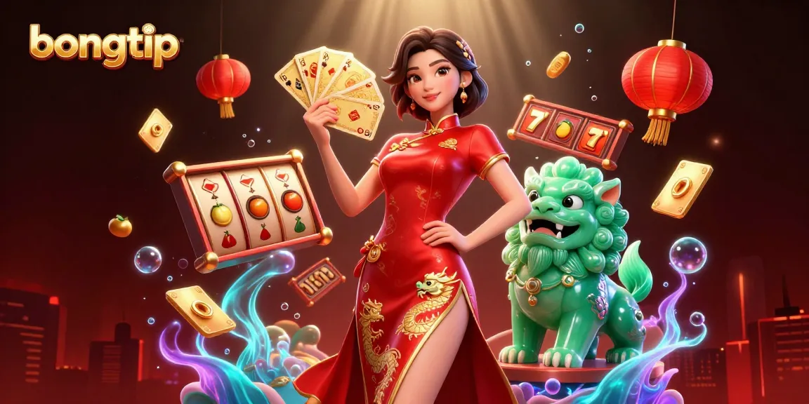 Bongtip showcases an elegant woman in a qipao dress holding playing cards amidst rich casino elements, symbolizing luck.