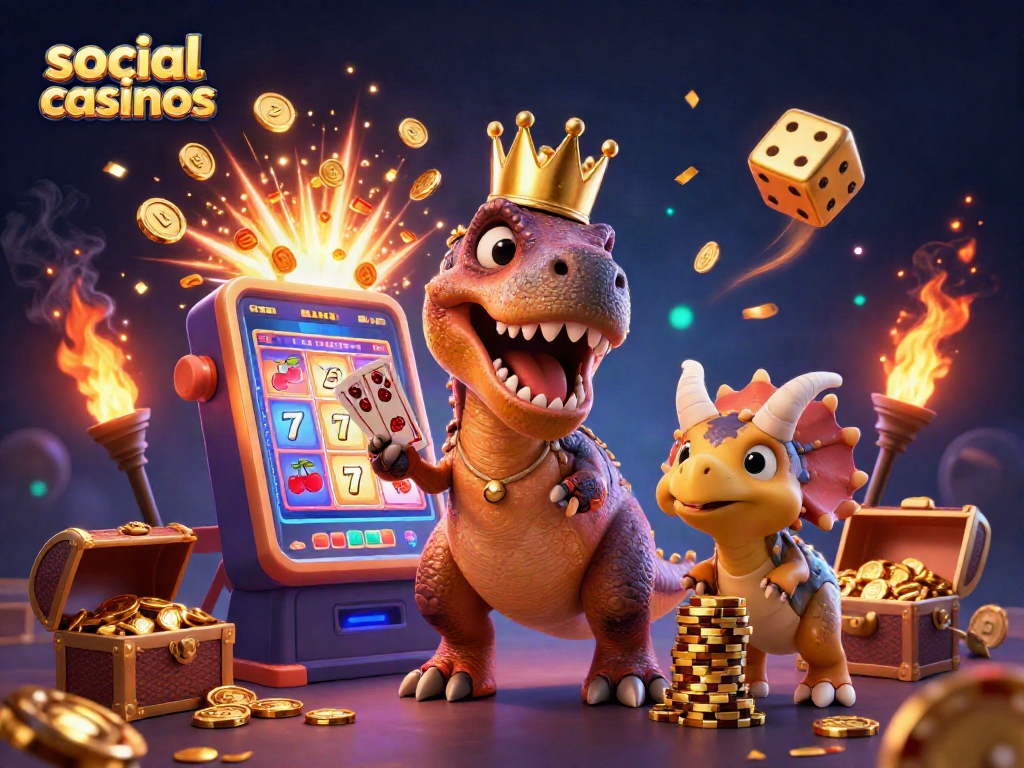 Experience the excitement of social casinos with a T-Rex shuffling cards and a pterodactyl assisting.