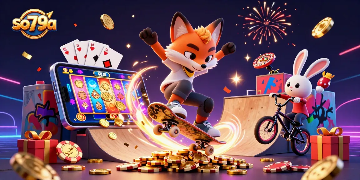 so79a showcases a vibrant 3D illustration of a skateboarder fox and BMX rabbit amidst casino symbols and gaming elements.