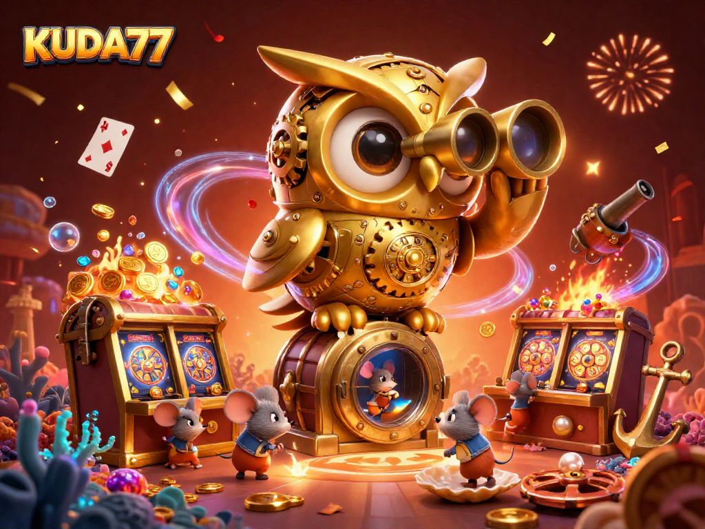 Mainkan KUDA77 dengan gambar burung hantu emas di kasino, slot dan koin berkilauan.