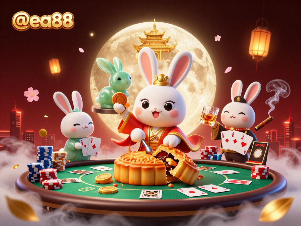 @ea88 poker-themed 3D illustration with a moon rabbit on the lunar surface revealing poker chips among casino elements.