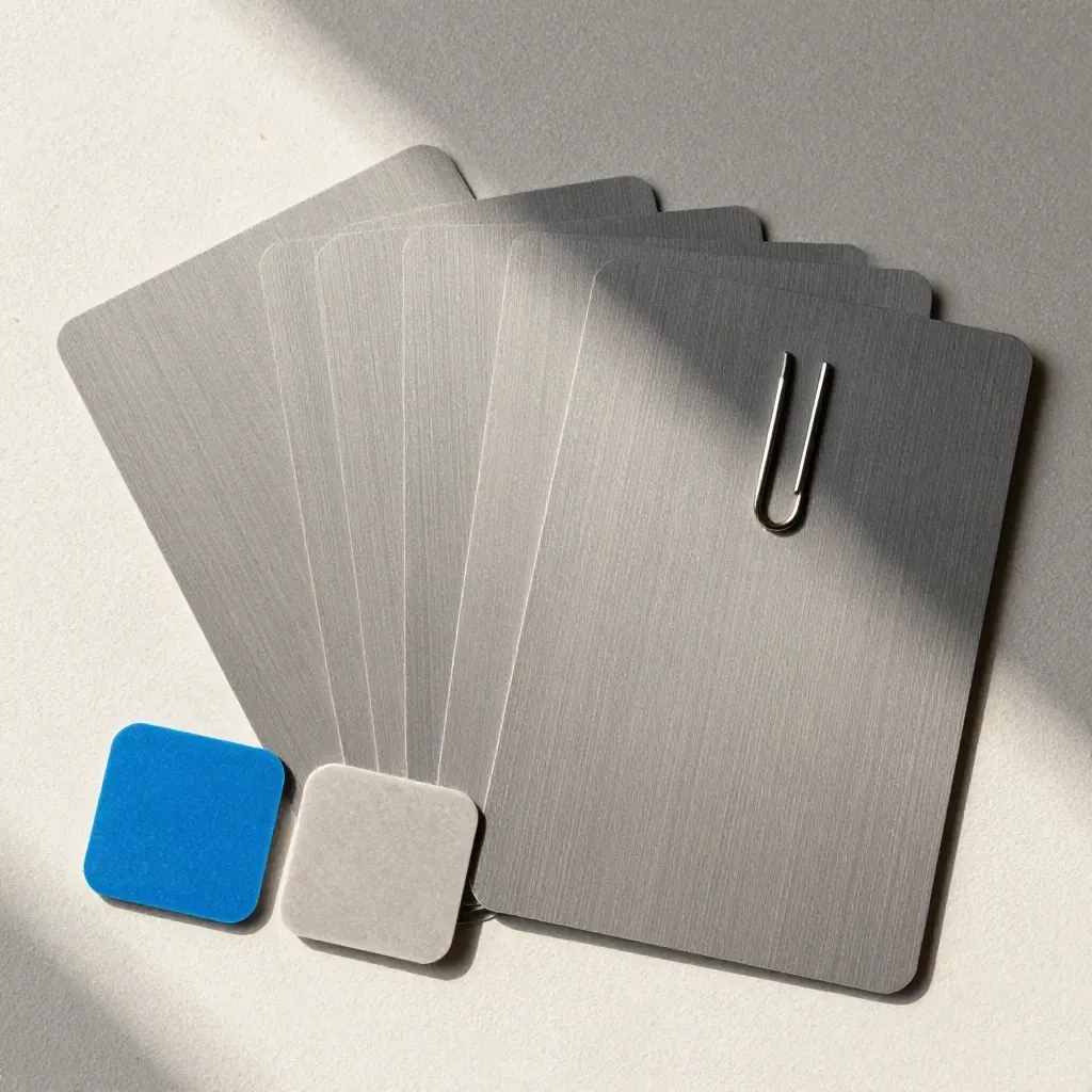 Overhead flatlay of blank campaign cards, paper clip and blue chips on brushed plaster.
