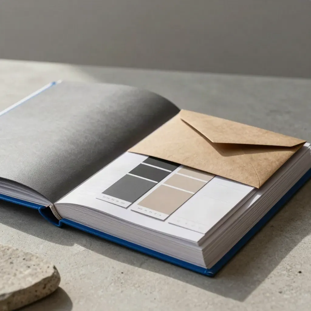 Campaign binder, loose card stacks, envelope and swatch strip on pale concrete with an electric blue accent