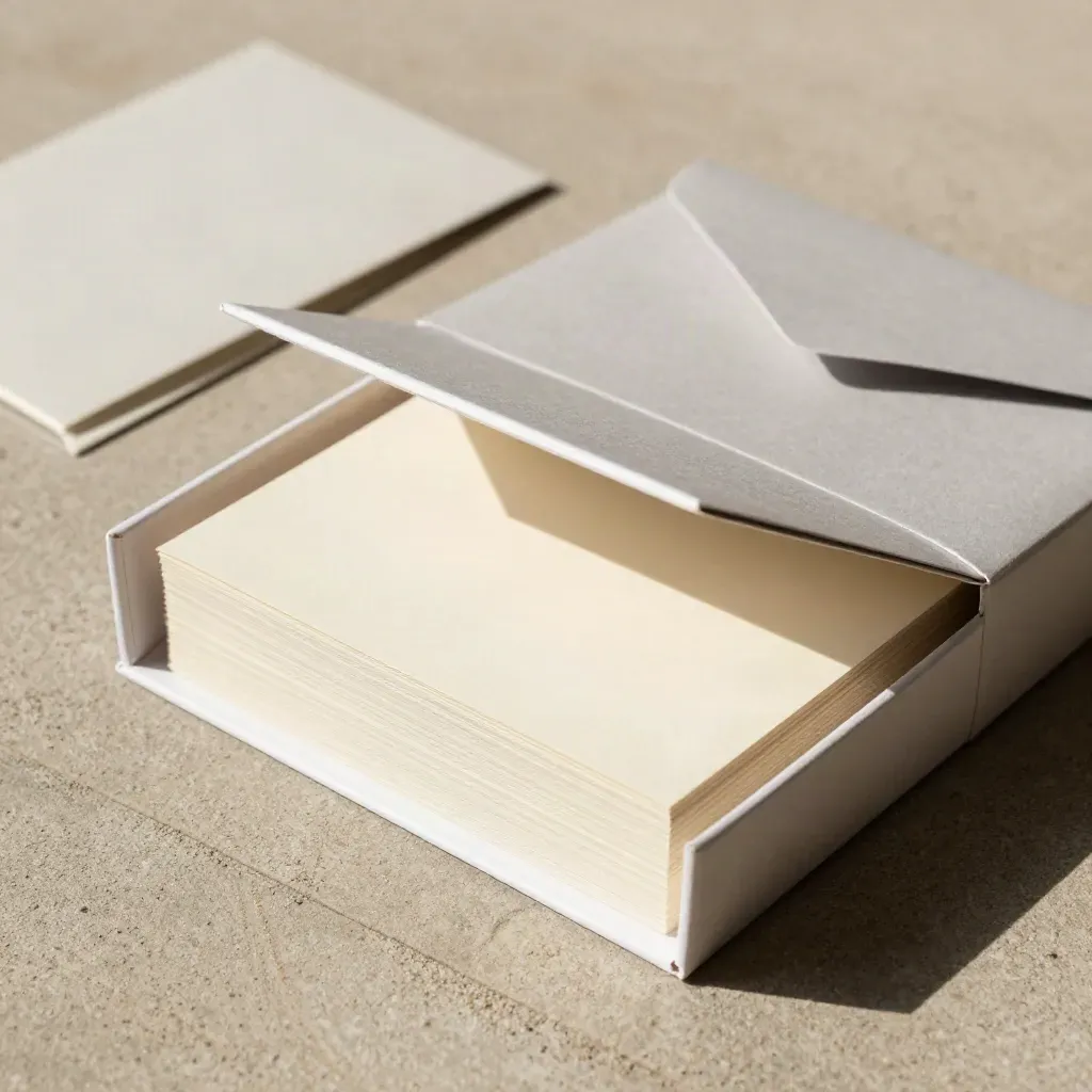Launch message kit box with cards, envelope, and insert on sand-toned concrete.