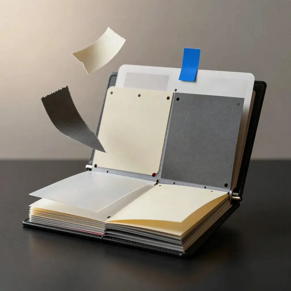 Open innovation sprint kit with cue cards, sticky-dot sheets, and drifting paper shreds.