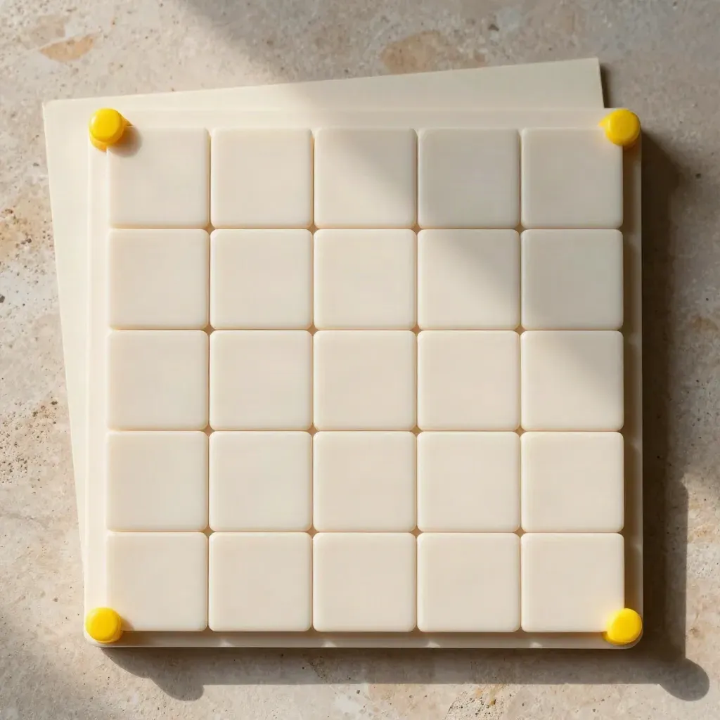Top-down planning board with thirty pale tiles and two yellow marker caps
