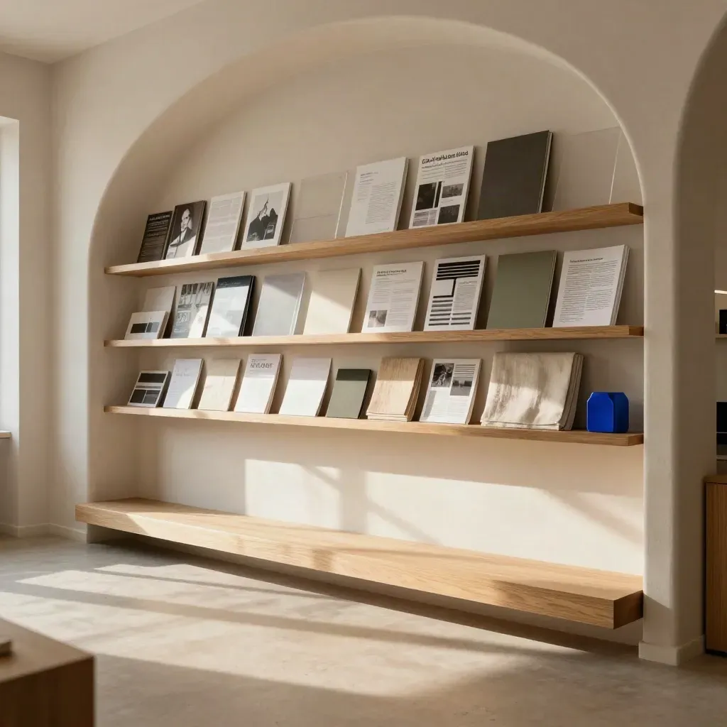 Sunlit arched studio corner with oak shelving, campaign materials, and calm copy space.