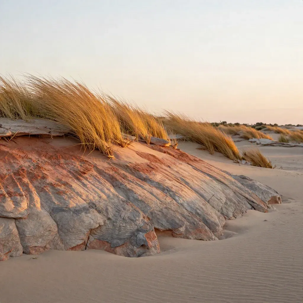 Sandstone rise at sunset with wind-rippled dry grass and a pale sky band.