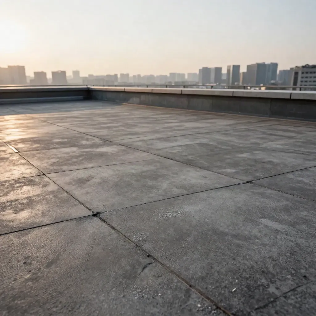 Weathered rooftop concrete terrace with blurred city edge and golden haze at sunset