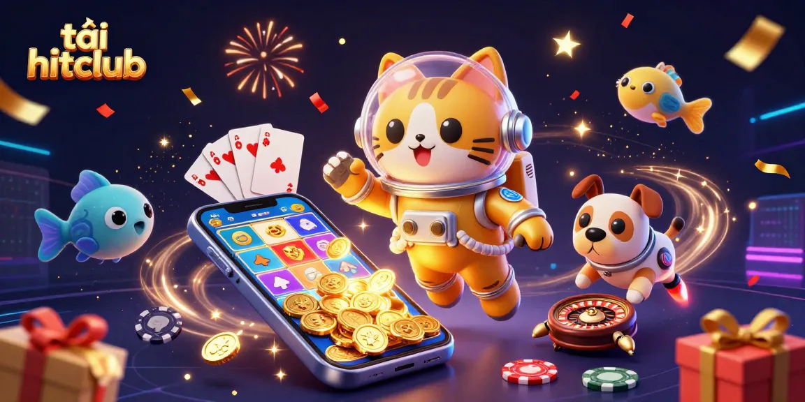 Engage with vibrant gaming action in tải hitclub’s world, where a space cat and robot dog explore cosmic slot adventures.