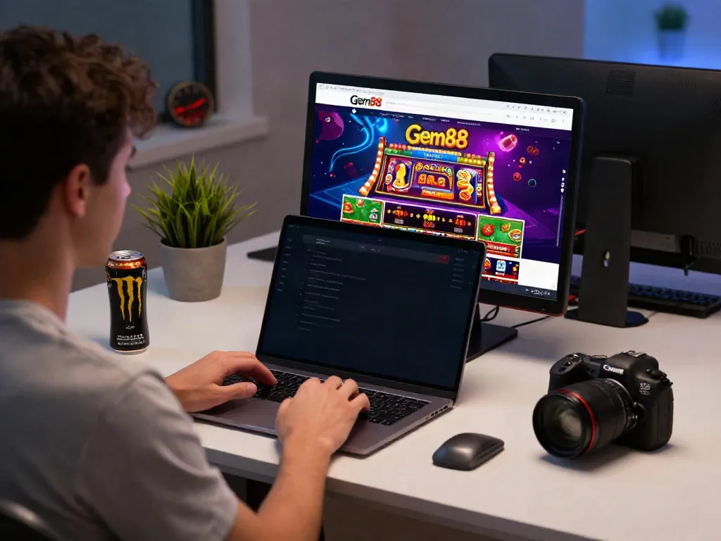 Engaging user interacting with Gem88 online gambling platform on a sleek laptop in a lively workspace.