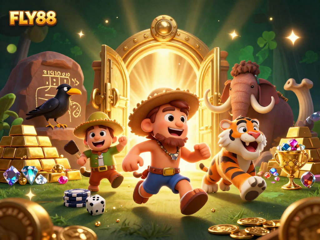 Engage in thrilling adventures with FLY88 at a prehistoric casino featuring vibrant treasures and characters.