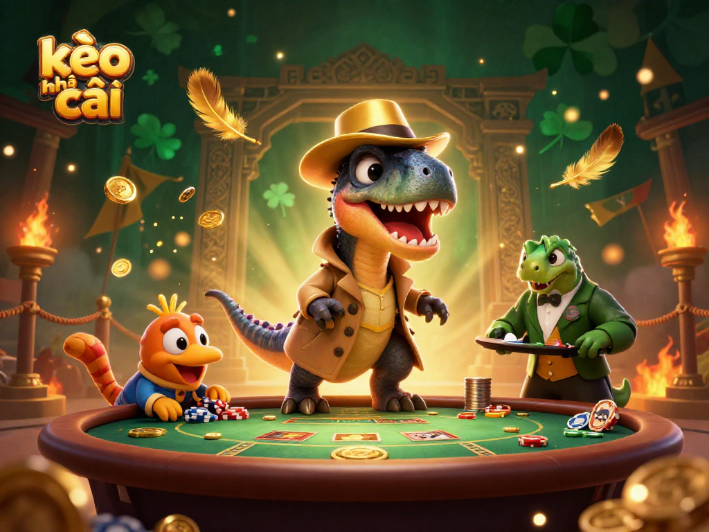 Engage in kèo nhà cái at a vibrant casino scene featuring a velociraptor card counter and a stegosaurus pit boss.