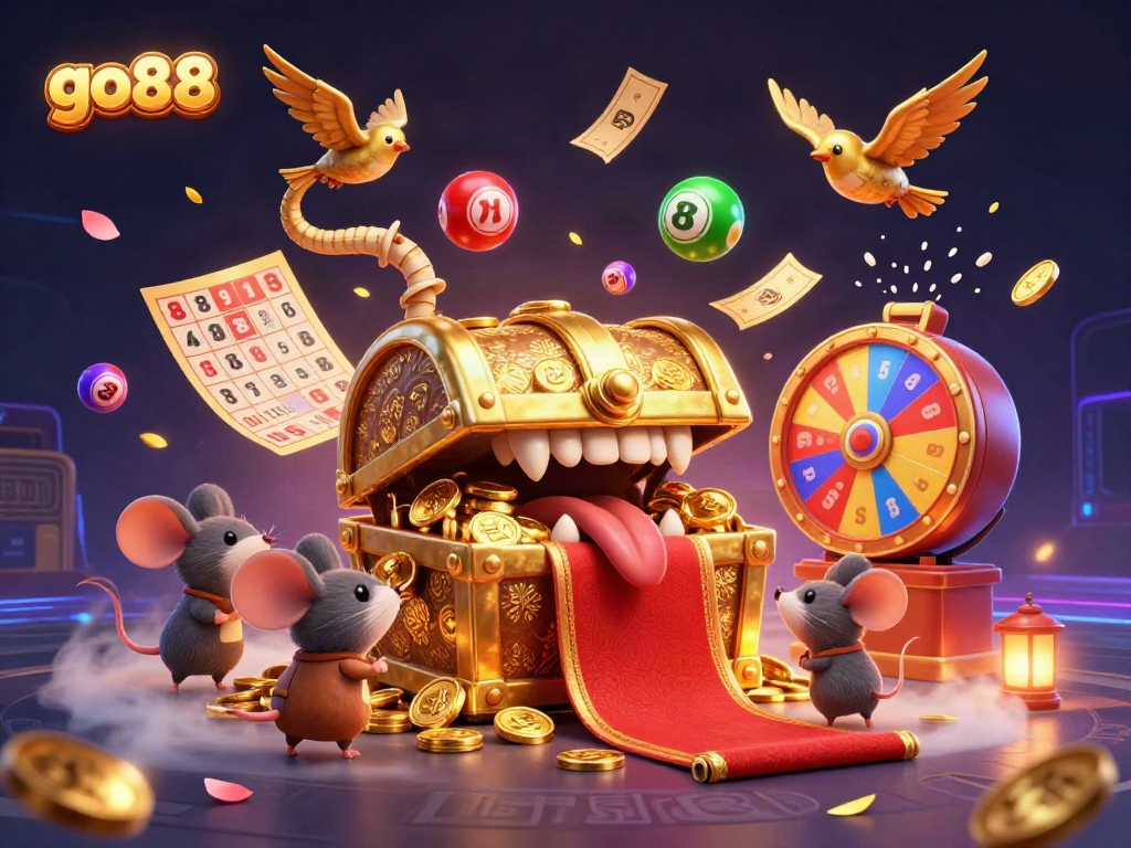Join the excitement at go88, where colorful lottery balls fly amidst a vibrant casino scene.