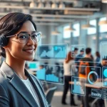 AI Employee assisting in a dynamic office environment with digital analytics.