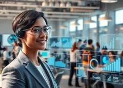 AI Employee assisting in a dynamic office environment with digital analytics.