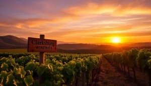 Visit Clarksburg wineries, with scenic vineyards bathed in sunset hues and rolling hills.