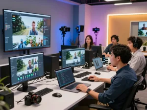 Dynamic motion control AI workspace showcasing team collaboration in video production, emphasizing mind control technology innovations.