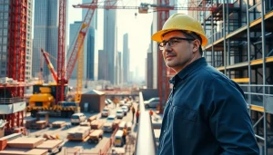 New York Construction Manager supervising a busy urban construction site with cranes and vibrant city skyline.