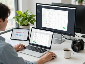 Effortlessly downloading WPS 软件 with modern laptop setup during productive workspace session.