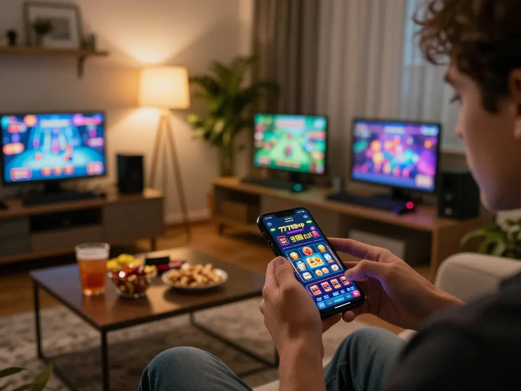 A player engaging with the 77789vip casino app on their smartphone, showcasing the excitement of online gambling