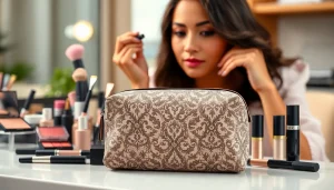 Showcase the skone cosmetics signature makeup bag amid luxurious cosmetics and elegant styling.