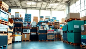 Show wholesale liquidation pallets in a bright warehouse with nationwide shipping options.