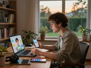 Engaging chat with a virtual AI slut companion in a cozy home office