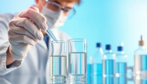 Scientist conducting hydro research in a modern lab environment with vibrant colors.