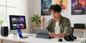 Person downloading videos with Vidmate APK on tablet in a contemporary workspace.