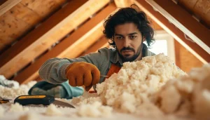 Technician carefully performing spray foam insulation removal in a residential attic, focusing on detailed techniques.