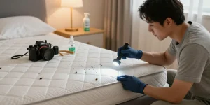 Bed bug exterminators inspecting bedroom for infestations with eco-friendly products.