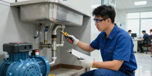 Reliable commercial plumbing San Diego service with experienced plumber inspecting pipes and equipment.