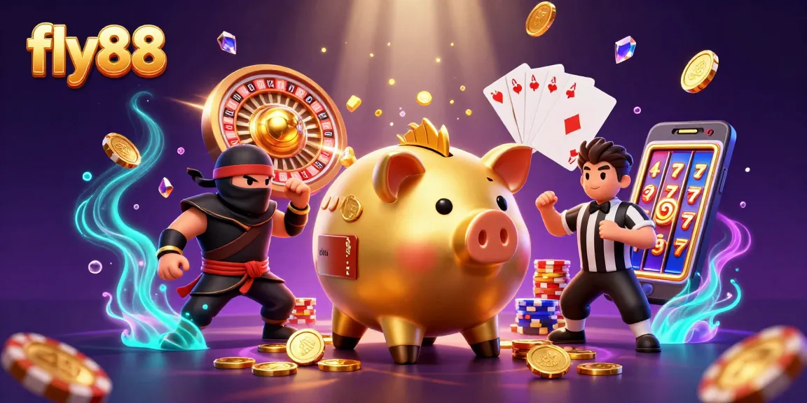 Witness fly88's thrilling gaming action with golden piggy banks and vibrant casino elements in this dynamic illustration.