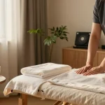 Engaging 남양주출장마사지 scene with a professional preparing a serene living room for a therapeutic session.
