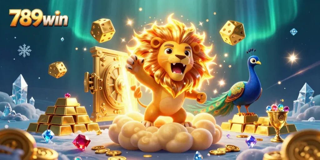 Engage with 789win's thrilling casino experience as a roaring lion dominates a dazzling treasure scene.