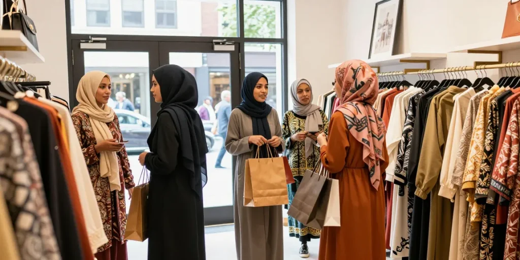 Shoppers at a hijabi store exploring stylish outfits and accessories, vibrant fashion and community.