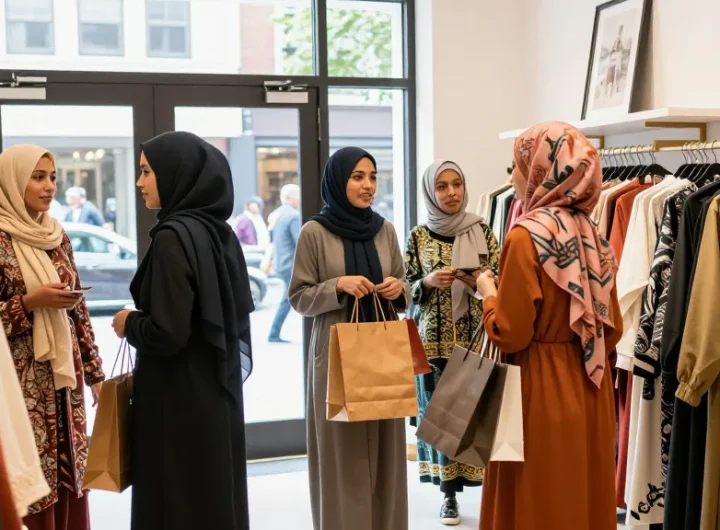Shoppers at a hijabi store exploring stylish outfits and accessories, vibrant fashion and community.