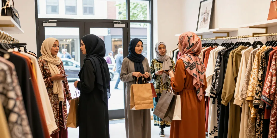 Shoppers at a hijabi store exploring stylish outfits and accessories, vibrant fashion and community.