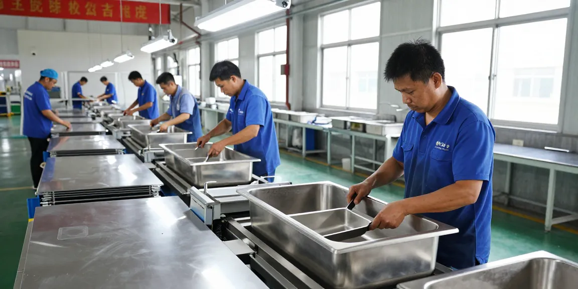 Skilled workers at a stainless steel basin factory assembling high-quality sinks using advanced machinery.