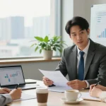 Financial advisors provide personalized consultations in a modern office setting with clients reviewing financial documents.