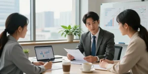 Financial advisors provide personalized consultations in a modern office setting with clients reviewing financial documents.